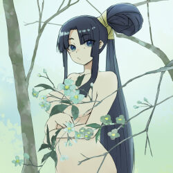 Rule 34 | 1girl, black hair, blue eyes, branch, breasts, censored, completely nude, convenient censoring, fate/grand order, fate (series), flower, green background, highres, long hair, looking at viewer, medium breasts, nude, rainen ganbarimashita, side ponytail, tree, upper body, ushiwakamaru (fate)