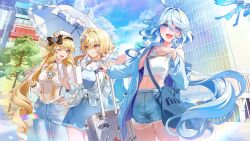 Rule 34 | 3girls, alternate costume, bare shoulders, blonde hair, blue dress, blue eyes, cloud, cloudy sky, dasha, denim, denim shorts, dress, drop-shaped pupils, floating hair, furina (genshin impact), genshin impact, hair between eyes, hand on own hip, highres, holding, holding suitcase, holding umbrella, long hair, long sleeves, looking at another, lumine (genshin impact), midriff, multiple girls, navia (genshin impact), one eye closed, open mouth, outdoors, pants, shirt, short hair with long locks, shorts, sky, suitcase, symbol-shaped pupils, umbrella, white hair, white shirt, yellow eyes