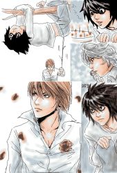 Rule 34 | 00s, 3boys, bags under eyes, cake, climbing, collage, death note, food, l (death note), male focus, multiple boys, near (death note), oekaki, pastry, petals, poking, tree, upside-down, yagami light