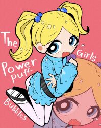 Rule 34 | 1girl, blonde hair, blue eyes, blush, bubbles (ppg), crossed arms, dress, hair bobbles, hair ornament, highres, mary janes, pantyhose, powerpuff girls, rumford, shoes, short twintails, simple background, solo focus, sweater, sweater dress, tears, twintails, white pantyhose