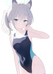 Rule 34 | 1girl, absurdres, animal ear fluff, animal ears, bare arms, bare shoulders, blue archive, blue eyes, blue one-piece swimsuit, breasts, collarbone, commentary request, competition swimsuit, covered navel, extra ears, grey hair, hair between eyes, hair ornament, halo, hand up, highres, jyt, lifted by self, looking at viewer, medium breasts, official alternate costume, one-piece swimsuit, parted lips, ponytail, revision, shiroko (blue archive), shiroko (swimsuit) (blue archive), simple background, solo, strap lift, swimsuit, water, white background, wolf ears