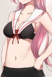 Rule 34 | 1girl, beige background, black skirt, breasts, collarbone, girls&#039; frontline, hand on own hip, head out of frame, long hair, medium breasts, navel, ntw-20 (girls&#039; frontline), pink hair, pleated skirt, sailor bikini, sailor collar, skirt, solo, xiujia yihuizi