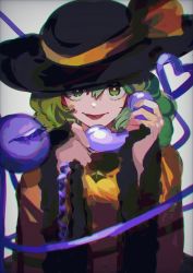 Rule 34 | 1girl, :p, bad id, bad twitter id, black hat, blouse, bright pupils, closed mouth, corded phone, frilled sleeves, frills, gotagotay, green eyes, green hair, grey background, hair between eyes, hands up, hat, hat ribbon, heart, heart of string, highres, holding, holding phone, komeiji koishi, long sleeves, looking at viewer, medium hair, phone, ribbon, shirt, simple background, solo, third eye, tongue, tongue out, touhou, upper body, white pupils, wide sleeves, yellow ribbon, yellow shirt