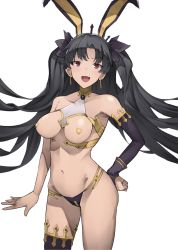 Rule 34 | 1girl, animal ears, armlet, bikini, black hair, black thighhighs, blush, bracelet, breasts, detached sleeves, earrings, fake animal ears, fate/grand order, fate (series), gold trim, hair ribbon, heart pasties, highres, hoop earrings, ishtar (fate), jewelry, long hair, looking at viewer, medium breasts, mismatched bikini, navel, neck ring, open mouth, parted bangs, pasties, rabbit ears, red eyes, reverse outfit, ribbon, seino (sasakike1305), single detached sleeve, single thighhigh, smile, solo, swimsuit, thighhighs, thighlet, thighs, tiara, two side up