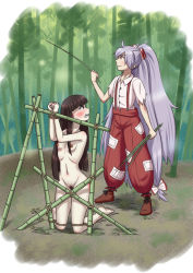 Rule 34 | 2girls, ass, bamboo, bamboo forest, bdsm, black hair, blush, bondage, bound, bound wrists, bow, breasts, clenched, forest, fujiwara no mokou, hair bow, highres, hime cut, houraisan kaguya, kneeling, long hair, looking back, multiple girls, nature, navel, nipples, nude, pubic hair, red eyes, ribs, shirt, short sleeves, silver hair, small breasts, spanked, teeth, touhou, white bow, white shirt, zekel