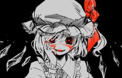 Rule 34 | 1girl, :d, @ @, blood, blood on face, collared shirt, commentary, crystal, fangs, fingernails, flandre scarlet, frilled shirt collar, frills, greyscale, hair over one eye, hand on own face, hand up, hat, hat ribbon, lace, looking at viewer, medium hair, mob cap, monochrome, nail polish, open mouth, portrait, red eyes, red nails, red ribbon, ribbon, shiota004, shirt, smile, solo, spot color, tongue, touhou, wrist cuffs
