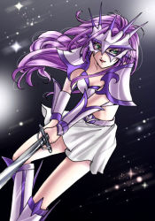 Rule 34 | 1990s (style), 1girl, armor, bad id, bad pixiv id, faris scherwiz, female focus, final fantasy, final fantasy v, gladiator, green eyes, long hair, lowres, mask, open mouth, purple hair, retro artstyle, skirt, smile, solo, sword, weapon