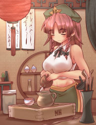 Rule 34 | 1girl, adapted costume, beret, blush, bow, braid, breast rest, breasts, cactus, chinese lantern, closed eyes, collared shirt, crop top, cup, curtains, eyebrows, green skirt, hair bow, hat, highres, hong meiling, indoors, jar, kitchen, lantern, light smile, long hair, long skirt, no panties, oressama, paper lantern, red hair, ribbon, scroll, shirt, side slit, skirt, sleeveless, solo, standing, star (symbol), stomach, table, teapot, toned, touhou, twin braids, utensil, very long hair, unworn vest, white shirt