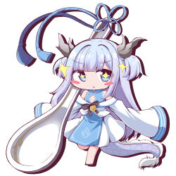 Rule 34 | 1girl, azur lane, bare shoulders, blue eyes, blue hair, blush, chibi, chinese clothes, dragon girl, dragon horns, dragon tail, geo (yukishitadou), highres, horns, huge spoon, light blue hair, long hair, looking at viewer, lung wu (azur lane), parted lips, simple background, sleeves past fingers, sleeves past wrists, solo, sparkle, sparkling eyes, tail, white background
