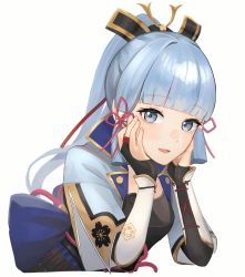 Rule 34 | 1girl, arc pic, armor, ayaka (genshin impact), blue hair, blunt bangs, genshin impact, genshin impact sticker redraw (meme), grey eyes, hair ribbon, hands on own cheeks, hands on own face, highres, japanese armor, japanese clothes, light blue hair, long hair, looking at viewer, meme, mole, mole under eye, parted lips, pink ribbon, red ribbon, ribbon, sidelocks, simple background, solo, tress ribbon, upper body, very long hair