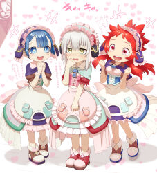 1boy 1other 2girls :d absurdres akahige_okina apron blue_eyes blue_hair blush breasts capelet corset frilled_apron frilled_hairband frills full_body hairband heart highres large_breasts made_in_abyss maid maid_apron maid_headdress maruruk matching_outfits mitty_(human)_(made_in_abyss) mitty_(made_in_abyss) multiple_girls nanachi_(human)_(made_in_abyss) nanachi_(made_in_abyss) open_mouth ozen pouch puffy_sleeves red_hair shoes short_sleeves smile standing whistle whistle_around_neck white_background white_hair yellow_eyes