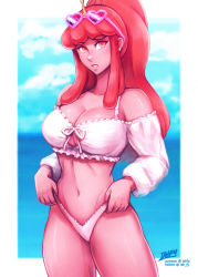Rule 34 | 1girl, adjusting clothes, adjusting swimsuit, adventure time, bikini, border, breasts, cleavage, colored skin, commentary, day, detached sleeves, earrings, english commentary, eyewear on head, frilled straps, heart, heart-shaped eyewear, jewelry, large breasts, long hair, looking at viewer, navel, ocean, patreon username, pink-framed eyewear, pink skin, ponytail, princess bonnibel bubblegum, red eyes, red hair, sidelocks, signature, solo, standing, stud earrings, summer, sunglasses, swimsuit, thighs, tiara, twitter username, white bikini, white border