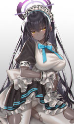 Rule 34 | 1girl, black hair, blue archive, blue neckwear, blue ribbon, breasts, closed mouth, dark-skinned female, dark skin, dated, gloves, gradient background, grey background, hair between eyes, halo, hattori masaki, highres, karin (blue archive), large breasts, long hair, maid, maid headdress, pantyhose, puffy short sleeves, puffy sleeves, ribbon, short sleeves, signature, sitting, solo, torn clothes, torn pantyhose, white gloves, white pantyhose, yellow eyes