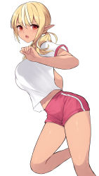 Rule 34 | 1girl, blonde hair, blush, breasts, cait aron, commentary request, dark-skinned female, dark skin, hair between eyes, highres, hololive, large breasts, long hair, multicolored hair, open mouth, pointy ears, red eyes, red shorts, shiranui flare, shirt, short shorts, short sleeves, shorts, simple background, solo, standing, standing on one leg, streaked hair, sweat, virtual youtuber, white background, white hair, white shirt