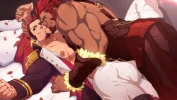 Rule 34 | 2boys, abs, armor, arms up, bara, beard, bed, belt, blue eyes, boots, brown hair, bulge, cape, clenched hands, collar, collarbone, couple, cross scar, epaulettes, face-to-face, facial hair, fate/grand order, fate/zero, fate (series), fringe trim, goatee, hand in another&#039;s hair, hand on another&#039;s head, highres, iskandar (fate), jacket, large pectorals, leather, long sideburns, long sleeves, looking at viewer, lying, lying on person, male focus, manly, mazjojo, military, military uniform, multiple boys, muscular, napoleon bonaparte (fate), nipples, on back, open clothes, open jacket, open shirt, pants, pectoral docking, pectoral press, pectorals, petals, pillow, red eyes, red hair, revealing clothes, rose petals, scar, scar on chest, shiny clothes, shiny skin, sideburns, smile, smug, tight clothes, tight pants, unbuttoned, undressing, undressing another, uniform, upper body, white pants, yaoi