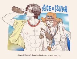 Rule 34 | 1boy, 1girl, abs, bad id, bad pixiv id, bandaid, bandaid on cheek, bandaid on face, bead necklace, beads, black hair, blue neckerchief, bottle, character name, cowboy hat, drinking, english text, freckles, hat, highres, holding, holding bottle, isuka (one piece), jewelry, log pose, neckerchief, necklace, one piece, open clothes, open mouth, orange headwear, pink hair, portgas d. ace, short hair, skrbpomodo, smile, sunglasses, teeth, topless male