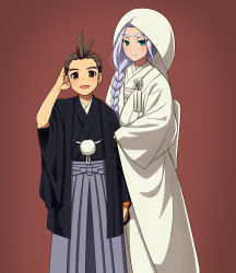 Rule 34 | 2boys, ace attorney, alternate costume, androgynous, antenna hair, apollo justice, asymmetrical hair, black kimono, blue hair, blush, braid, brothers, brown eyes, brown hair, closed mouth, facial mark, forehead, forehead mark, forked eyebrows, green eyes, grey hakama, hair intakes, hair over shoulder, hakama, hakama pants, half-closed eyes, hand on own head, hand up, haori, happy, hood, hood up, japanese clothes, kimono, long hair, long sleeves, looking at viewer, male focus, multiple boys, nahyuta sahdmadhi, open mouth, pants, phoenix wright: ace attorney - spirit of justice, pom pom (clothes), red background, short hair, siblings, side braid, sidelocks, simple background, smile, standing, straight-on, toma q, white kimono, wide sleeves