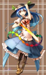 Rule 34 | &gt;:d, 1girl, :d, black hat, black pantyhose, blouse, blue hair, blue skirt, boots, bow, bowtie, brown background, brown footwear, buttons, collared shirt, commentary request, cross-laced footwear, food, frilled skirt, frills, fruit, full body, hair between eyes, hand on headwear, hat, hat leaf, highres, hinanawi tenshi, holding, holding weapon, leaf, long hair, looking at viewer, open mouth, pantyhose, peach, petticoat, plaid, plaid background, puffy short sleeves, puffy sleeves, rainbow order, red bow, red bowtie, red eyes, round teeth, shirt, short sleeves, signature, skirt, smile, solo, sword, sword of hisou, teeth, touhou, v-shaped eyebrows, very long hair, weapon, welt (kinsei koutenkyoku), white shirt