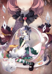 Rule 34 | 2girls, adapted costume, alice in wonderland, alternate costume, blue eyes, blush, card, cherry blossoms, cup, elbow gloves, female focus, floating card, floral print, fork, ghost, gloves, hairband, head out of frame, heart, highres, kneehighs, konpaku youmu, konpaku youmu (ghost), mary janes, multiple girls, pantyhose, petals, pink hair, playing card, print gloves, puffy short sleeves, puffy sleeves, ribbon, saigyouji yuyuko, sheska xue, shoes, short hair, short sleeves, silver hair, skirt, smile, socks, striped clothes, striped legwear, striped pantyhose, teacup, touhou, treasure chest