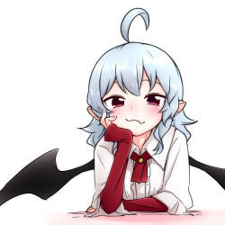 Rule 34 | 1girl, ahoge, arm support, arm warmers, bat wings, blue hair, blush, fang, fang out, fangs, head rest, kameyan, looking at viewer, pointy ears, red eyes, remilia scarlet, simple background, smile, solo, touhou, tsurime, upper body, white background, wings
