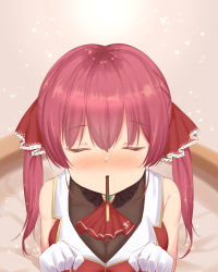 Rule 34 | 1girl, absurdres, bare shoulders, blush, breasts, cleavage, food, highres, hololive, houshou marine, kanti15, long hair, looking at viewer, medium breasts, mouth hold, pocky, pocky day, red hair, see-through, see-through cleavage, solo, twintails, virtual youtuber