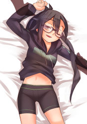 Rule 34 | 1girl, amagiri (kancolle), bike shorts, black hair, female focus, glasses, highres, hood, hoodie, kantai collection, lying, navel, on back, on bed, one eye closed, open mouth, ponytail, solo, zhui