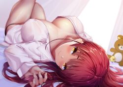 Rule 34 | 1girl, absurdres, blush, breasts, cleavage, closed mouth, collared shirt, hair down, highres, hololive, houshou marine, kakikurui, kiiroitori, knees up, large breasts, lips, long hair, long sleeves, looking at viewer, lying, on back, panties, red hair, rilakkuma, shirt, solo, unbuttoned, unbuttoned shirt, underwear, virtual youtuber, white shirt, yellow eyes