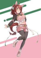 1girl absurdres ahoge animal_ears blush bow breasts brown_hair checkered_ribbon commentary dantsu_flame_(umamusume) ear_covers ear_ribbon full_body highres horse_ears horse_girl horse_tail large_breasts looking_at_viewer multicolored_hair pink_footwear pink_shirt pink_shorts sagoromo_04 shirt shoes shorts smile sneakers solo tail tied_shirt umamusume white_hair yellow_eyes