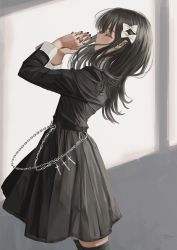 Rule 34 | 1girl, absurdres, belt, black dress, black hair, black nails, blush, bow, chain, closed eyes, closed mouth, cowboy shot, cross, cuffs, dress, ear piercing, earrings, facing to the side, from side, gishiki (gshk), hair bow, highres, jewelry, leaning back, long hair, multiple rings, nail polish, original, own hands clasped, own hands together, piercing, praying, profile, revision, ring, standing, thighhighs, white bow, window, zettai ryouiki