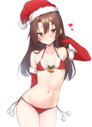 Rule 34 | 1girl, bare legs, bare shoulders, bell, bikini, blush, breasts, brown eyes, brown hair, closed mouth, cowboy shot, elbow gloves, fur-trimmed gloves, fur trim, gloves, hair between eyes, hat, heart, highres, kantai collection, long hair, looking at viewer, navel, pom pom (clothes), red bikini, red gloves, red hat, santa bikini, santa hat, simple background, small breasts, solo, swimsuit, white background, zarashi, zuihou (kancolle)