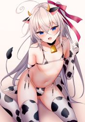 Rule 34 | 1boy, :d, ahoge, aki (doku), animal ears, animal print, arm behind back, arm support, bare shoulders, bikini, black neckwear, blue eyes, blush, choker, collar, collarbone, cow boy, cow ears, cow horns, cow print, cow tail, cowbell, crossdressing, crossed bangs, elbow gloves, feet out of frame, gloves, gradient background, hair between eyes, hair ribbon, half-closed eyes, hand up, highres, horns, leaning to the side, long hair, looking at viewer, micro bikini, navel, neck bell, one side up, open mouth, original, pink ribbon, print bikini, print gloves, print thighhighs, ribbon, sepia background, side-tie bikini bottom, sidelocks, silver hair, simple background, sitting, smile, solo, swimsuit, tail, thighhighs, thighs, trap, uruaki, very long hair, yokozuwari