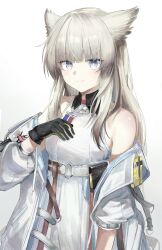 Rule 34 | 1girl, absurdres, animal ears, arknights, arknights: endfield, arm at side, bare shoulders, belt, black gloves, blue eyes, blunt bangs, breasts, closed mouth, cowboy shot, gloves, hand on own chest, highres, jacket, long hair, long sleeves, looking at viewer, medium breasts, off shoulder, open clothes, open jacket, orange pupils, perlica (arknights), shirt, sidelocks, simple background, sleeveless, sleeveless shirt, smile, solo, straight hair, white background, white belt, white jacket, white shirt, wolf ears, wolf girl, zapik