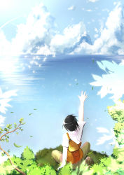 Rule 34 | 1girl, absurdres, backpack, bad id, bad pixiv id, bag, bird, black hair, cliff, cloud, day, falling leaves, female focus, highres, horizon, leaf, light particles, looking afar, nature, ocean, original, outdoors, outstretched arm, plant, scenery, short hair, silhouette, sitting, sky, solo, tendo (zhazhatiantong), wind