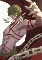 Rule 34 | 1boy, abs, absurdres, arm tattoo, blonde hair, chain, chest tattoo, earrings, fate (series), from side, gilgamesh (fate), haruakira, highres, jewelry, large pectorals, male focus, muscular, muscular male, parted lips, pectorals, red eyes, ribs, short hair, solo, stomach tattoo, tattoo, topless male, upper body