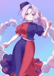 Rule 34 | 1girl, absurdres, blush, braid, braided ponytail, breasts, closed mouth, constellation print, cross, e sdss, gradient background, grey hair, hat, highres, large breasts, long hair, looking at viewer, nurse cap, puffy short sleeves, puffy sleeves, red cross, short sleeves, sidelocks, smile, solo, touhou, two-tone dress, v-shaped eyebrows, very long hair, yagokoro eirin, yellow eyes
