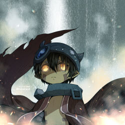 Rule 34 | 1boy, aura, blackcat (blackcatbox), brown hair, cape, child, commentary request, dark skin, facial mark, helmet, looking at viewer, made in abyss, male focus, mecha, mechanical arms, night, regu (made in abyss), robot, short hair, solo, yellow eyes
