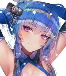 Rule 34 | 1girl, ahoge, armpits, arms behind head, azur lane, bad id, bad twitter id, bare shoulders, blue gloves, blue hair, blush, breasts, cleavage, closed mouth, collarbone, commentary, dress, elbow gloves, gloves, hair between eyes, hair ornament, hair ribbon, hanato (seonoaiko), hand in own hair, head tilt, large breasts, light smile, long hair, looking at viewer, no bra, purple eyes, ribbon, sideboob, sidelocks, smile, solo, sparkle, st. louis (azur lane), star (symbol), symbol-only commentary, tress ribbon, upper body, white background, white gloves