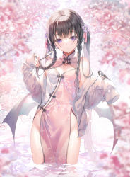 Rule 34 | 1girl, animal, bare shoulders, bird, black hair, braid, breasts, china dress, chinese clothes, cleavage cutout, clothing cutout, dress, flower, hair flower, hair ornament, hands up, highres, holding, holding own hair, hummingbird, jacket, long hair, long sleeves, looking at viewer, low wings, miwabe sakura, no bra, no panties, off shoulder, open clothes, open jacket, original, parted lips, pelvic curtain, pink dress, purple eyes, revealing clothes, sleeveless, sleeveless dress, small breasts, solo, standing, thighs, twin braids, twintails, very long hair, wading, water, wet, wet jacket, white jacket, wings