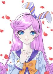 Rule 34 | 1girl, blue eyes, bow, bow hairband, bowtie, clenched hand, falling petals, frilled sailor collar, frills, hairband, hand up, highres, juliet sleeves, kumu zaisheng, long hair, long sleeves, looking at viewer, petals, pink hair, puffy sleeves, purple bow, purple sailor collar, purple shirt, qian han, sailor collar, shirt, smile, solo, striped, striped bow, swept bangs, upper body, white background, xiao huaxian, yellow bow, yellow bowtie
