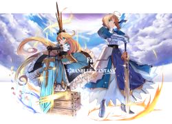 Rule 34 | 10s, 2girls, ahoge, armor, armored boots, armored dress, artoria pendragon (all), artoria pendragon (fate), blonde hair, blue dress, blue eyes, blue ribbon, blue sky, boots, box, braid, breastplate, charlotta (granblue fantasy), closed mouth, clothes lift, cloud, copyright name, crossover, crown, dress, dress lift, excalibur (fate/stay night), eyebrows, fate/stay night, fate (series), faulds, fire, floating hair, frilled dress, frills, frown, full body, gauntlets, granblue fantasy, green eyes, hair between eyes, hair ribbon, harvin, height difference, holding, holding sword, holding weapon, juliet sleeves, legs apart, lens flare, light frown, long hair, long sleeves, multiple girls, on box, own hands together, pointy ears, puffy short sleeves, puffy sleeves, ribbon, saber (fate), short sleeves, sidelocks, sky, smile, standing, sword, touzai (poppin phl95), very long hair, weapon, wind, wind lift