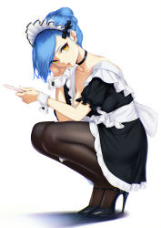 Rule 34 | 1girl, apron, bare shoulders, black pantyhose, blue hair, blueorca, breasts, choker, collarbone, dress, frills, hair bun, high heels, highres, holding, large breasts, looking at viewer, maid, maid headdress, mary janes, mole, mole under eye, original, pantyhose, parted lips, puffy short sleeves, puffy sleeves, shoes, short hair, short sleeves, simple background, single hair bun, solo, squatting, wrist cuffs, yellow eyes