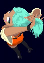 Rule 34 | 1girl, absurdres, adjusting hair, aqua hair, black background, boots, cerebella (skullgirls), from above, green lips, grey eyes, hair tie, highres, holding, holding own hair, looking at viewer, looking up, pata n, ponytail, skullgirls, smile, solo, thigh boots, thighhighs