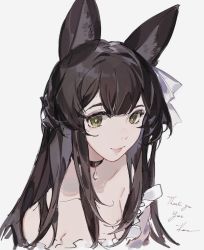 Rule 34 | 1girl, animal, animal ears, atelier live, bare shoulders, black hair, bow, chai (vtuber), choker, collarbone, dress, frills, glint, green eyes, hair bow, highres, kaneblob, long hair, looking at viewer, off shoulder, pendant choker, portrait, ribbon, sidelocks, signature, simple background, sketch, smile, solo, thank you, virtual youtuber, white background
