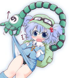 Rule 34 | 1girl, backpack, bag, blue eyes, blue hair, blush, clothes lift, fang, female focus, goggles, goggles on headwear, hair bobbles, hair ornament, hat, kawashiro nitori, key, matching hair/eyes, mechanical arms, muuba, one-piece swimsuit, open mouth, randoseru, school swimsuit, short twintails, single mechanical arm, skirt, skirt lift, solo, sweat, swimsuit, swimsuit under clothes, touhou, twintails, two side up