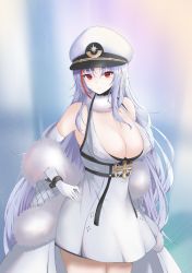Rule 34 | 1girl, absurdres, azur lane, bare shoulders, breasts, cleavage, coat, dress, gloves, hayashi444555, highres, large breasts, long hair, looking at viewer, multicolored hair, open clothes, open coat, red eyes, red hair, silver hair, sleeveless, sleeveless dress, streaked hair, tallinn (azur lane), two-tone hair, very long hair, white coat, white dress, white gloves, white headwear
