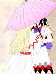 Rule 34 | 2girls, arrow print, black hair, blonde hair, bow, capelet, dress, holding, holding umbrella, kijin seija, kiss, lily white, long hair, multicolored hair, multiple girls, obscured, streaked hair, touhou, umbrella, white capelet, white dress, yuri