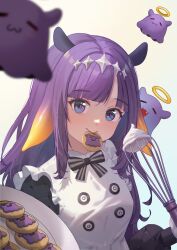Rule 34 | 1girl, agogo (mebinli), apron, black dress, blue eyes, blunt bangs, blush, commentary, cookie, dress, food, food in mouth, frilled apron, frills, gloves, gradient hair, hair flaps, highres, holding, holding plate, holding whisk, hololive, hololive english, long hair, long sleeves, looking at viewer, multicolored hair, ninomae ina&#039;nis, ninomae ina&#039;nis (6th costume), ninomae ina&#039;nis (pastry chef), official alternate costume, official alternate hairstyle, orange hair, plate, pointy ears, purple hair, sidelocks, simple background, solo, symbol-only commentary, takodachi (ninomae ina&#039;nis), tentacle hair, virtual youtuber, whisk, white apron, white background, white gloves