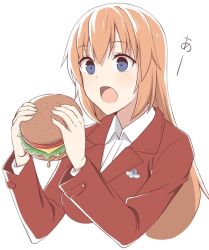 Rule 34 | 1girl, blue eyes, charlotte e. yeager, cropped torso, food, burger, long hair, long sleeves, momiji7728, open mouth, orange hair, pin, simple background, solo, strike witches, white background, world witches series