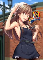 Rule 34 | 1girl, adapted costume, anchor symbol, apron, arashio (kancolle), arashio kai ni (kancolle), armpits, bad id, bad twitter id, blue sky, blurry, blurry background, blush, breasts, brown eyes, brown hair, brown pantyhose, collarbone, cowboy shot, crime prevention buzzer, day, dress, frilled dress, frills, hand fan, highres, holding, holding fan, ichikawa feesu, kantai collection, lamppost, long hair, looking at viewer, open mouth, outdoors, pantyhose, paper fan, pinafore dress, salute, searchlight, sideboob, sidelocks, skirt, sky, sleeveless, sleeveless dress, small breasts, smile, solo, teeth, uchiwa, upper teeth only