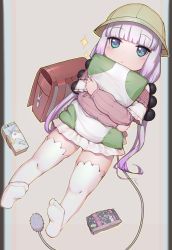 Rule 34 | 10s, 1girl, backpack, bag, beads, blue eyes, blunt bangs, capelet, dragon girl, dragon tail, dress, hair beads, hair ornament, hat, highres, holding, holding pillow, kanna kamui, kobayashi-san chi no maidragon, lanzi (415460661), long hair, long sleeves, looking at viewer, monster girl, no shoes, hugging object, pillow, pillow hug, randoseru, silver hair, simple background, slit pupils, solo, tail, thick thighs, thighhighs, thighs, twintails, white thighhighs, zettai ryouiki